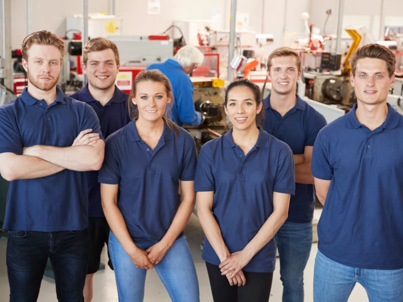 Team von Auszubildenden und Fachkräften in blauen Uniformen in einer modernen Werkstatt – J&S Automotive Technology
