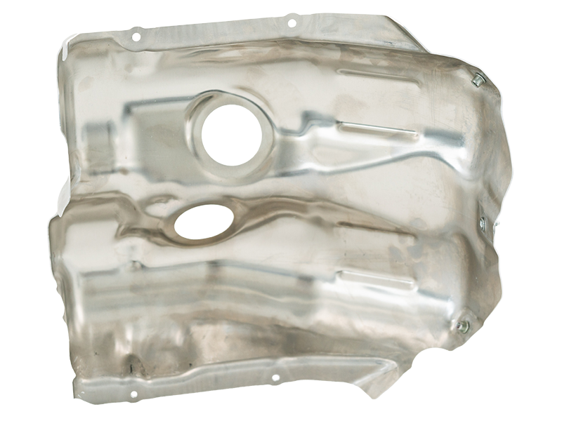 Hitzeschild aus silbernem Metall mit Befestigungslöchern und zwei runden Aussparungen – J&S Automotive Technology
